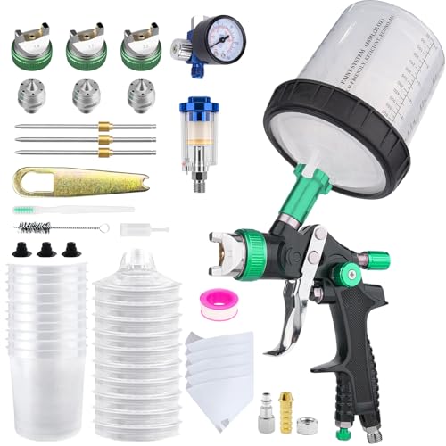 HVLP Air Spray Gun Kit Includes 10 Disposable 650ml Paint Cups with 1.4/1.7/2.0mm Nozzles. The Automotive Paint Spray Gun can be Used for Primer, Clear Topcoat Application (Green) - color: Green