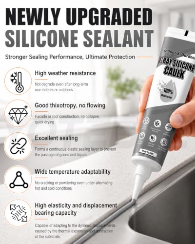 6-in-1 Gray Silicone Caulk Waterproof, High Adhesion & Elasticity