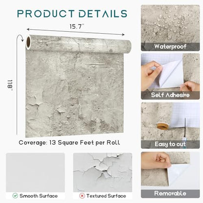 VEELIKE 15.7''x118'' Old Cracked Beige Concrete Wallpaper Peel and Stick Removable Industrial Wallpaper for Bedroom Living Room Accent Wall Self Adhesive Concrete Contact Paper for Countertops Walls - size: 15.7" x 118"