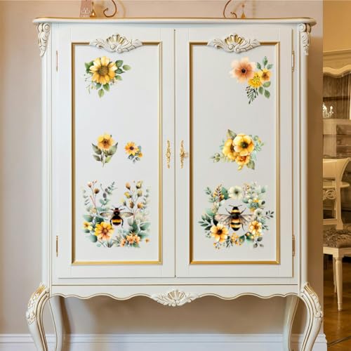 Peacoblue Flower and Bees Rub On Transfers for Furniture Craft 6"x12" - style: Flower and Bees