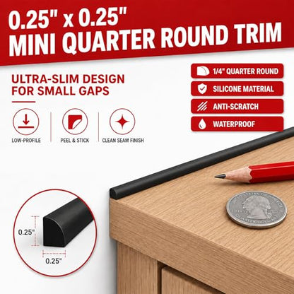 0.25" x 0.25" Mini Quarter Round Molding,40FT Self Adhesive Flexible Trim for Small Gaps, Countertop Wall Seam, Window Sill, Desk & Cabinet Edge, Peel and Stick Finishing Strip - color: Black, size: 1/4 in x 40 ft