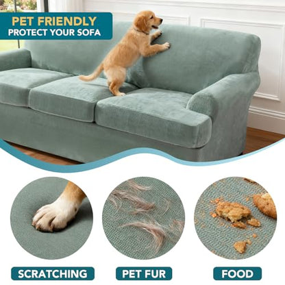 2 Pieces T Cushion Chair Covers with Arms Thick Velvet Couch Cover Stretch T Cushion Sofa Covers for Living Room Chair Cover with Individual T Cushion Covers , Washable (1 Cushion Chair, Sea Grass) - color: Sea Grass, size: Armchair (1 Cushion)