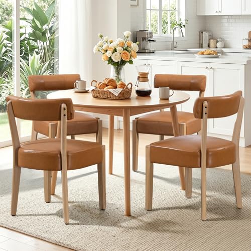 ZJhome Modern Dining Chairs Set of 4 – Mid-Century Modern Faux Leather Upholstered Kitchen & Dining Room Chairs with Curved Back, Oversized Rounded Seat, Sturdy Wood Frame, Brown - color: Brown Leather, size: Set of 4