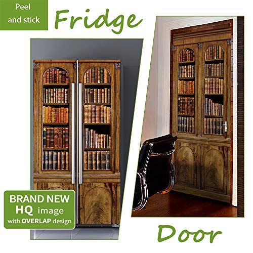 Modern Art Self Stick Vinyl Door Mural Sticker, Peel and Stick Removable Refrigerator Wrap Decal, Bookcase, 32.3x78.7, 2 Pcs Set - color: Bookcase