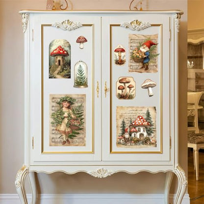 Peacoblue Mushrooms with Gnomes Rub On Transfers for Furniture 6"x12" - style: Vintage Mushrooms with Gnomes