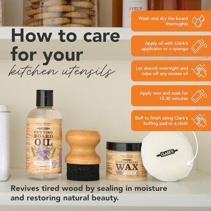 Clark’S Cutting Board Oil and Wax Kit - Set Includes Food Grade Mineral Oil (12oz), Finishing Wood Wax (6oz), Applicator Sponge & Buffing Pad, Enriched with Food Safe Lavender and Rosemary Extract - style: Lavender and Rosemary Extract