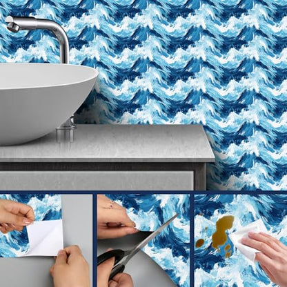 HOMETITUTE Ocean Wave Peel and Stick Wallpaper 118.1x17.7 Inch Vinyl - color: Ocean Wave