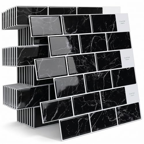 Arttown Peel and Stick 3D Wall Backsplash, 10-Sheet, 12" × 12" Black - color: Black Marble, size: 10PC 12"x12"