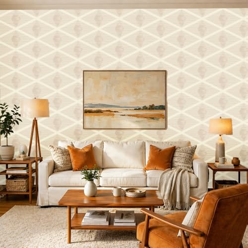 Chunlei Peel and Stick Wallpaper, Beige Diamond Lattice Geometric Pattern, 118in x 17.7in, Waterproof Vinyl, Removable Reusable, Eco-Friendly, for Bedroom Living Room Rental Apartment - color: Beige05, size: 17.7" x 118.1"