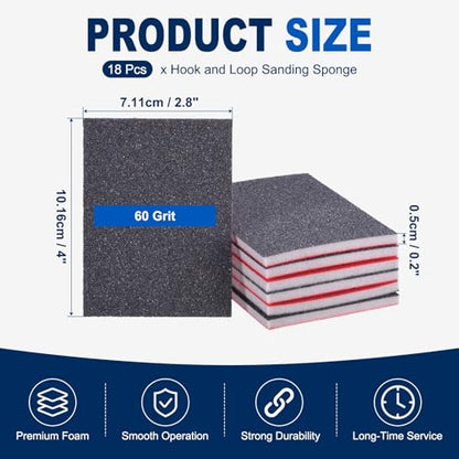 18Pcs 60Grit Sanding Sponges, 4x2.8In Hook & Loop Black - size: 60 Grit