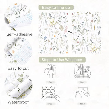 Dimoon 787"x16.1" Floral Peel and Stick Wallpaper White Contact Paper Thicken Wallpaper Delicate Flower Waterproof Green Leaf White Self Adhesive Removable Wall Paper Shelf Liner Decal Vinyl Roll - color: White-Smooth, size: 16.1" x 787"