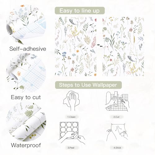 Dimoon 236"x16.1" Floral Peel and Stick Wallpaper White Contact Paper Thicken Wallpaper Delicate Flower Waterproof Green Leaf White Self Adhesive Removable Wall Paper Shelf Liner Vinyl Roll - color: White-Smooth, size: 16.1" x 236"