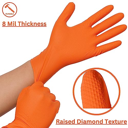 Industrial Nitrile Gloves – Heavy Duty Latex & Powder Free Disposable Gloves with Diamond Texture - color: Orange, size: Small (Pack of 100)