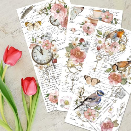 3 Sheets Flower Rub on Transfer Waterproof Floral Furniture Transfers Decal Bird Farmhouse Rub on Transfer 6x12 Butterfly Transfer Cabinet Stickers for Wood Door Craft Home Kitchen Decor - style: Style 1- Retro French