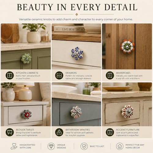 Ceramic Cabinet Knobs, Set of 12 Colorful Floral Drawer Knobs