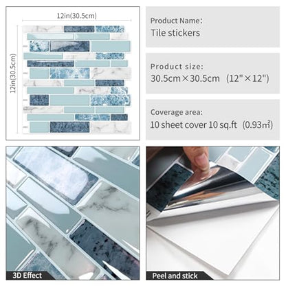 DEWOO Peel and Stick Backsplash 3D Self Adhesive Wall Tile Blue 10 Sheet - color: Marble Blue