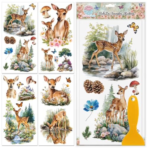 GLOBLELAND 4 Sheets Colorful Forest and Deer Rub on Transfers Flowers Furniture Decor Transfers Decal Animals Plants Transfers Stickers for Bedroom Living Room Desk Table Decoration - style: Forest Deer