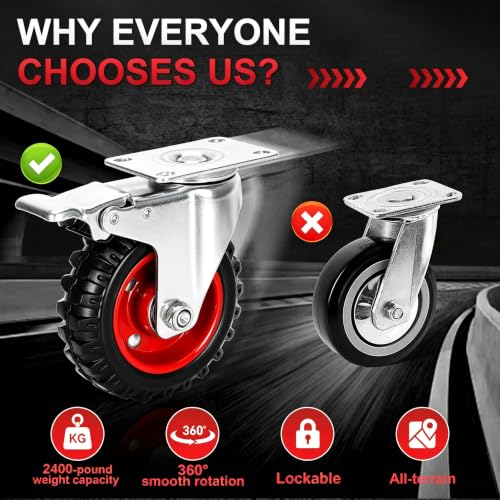 5 Inch Heavy Duty Swivel Caster Wheels 4 Pack with Total Lock Brakes