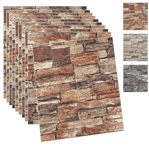Yutianli 10PSC 3D Wall Panels Peel and Stick Faux Brick Wall Panels Self-Adhesive 3D Brick Wallpaper Foam Stone Wall Panel - color: Light Red, size: 10PCS