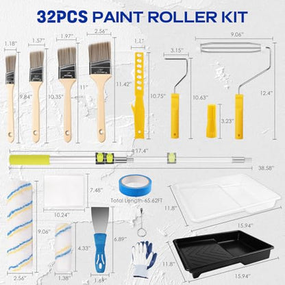 Navatiee 32PCS Paint Roller Kit with 2-4ft Extension Pole, 9" & 4" Roller Covers, Paint Brushes, Tray Liners & Tape, Professional House Painting Supplies for Walls, Ceilings & Cabinets