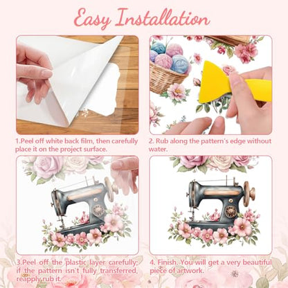Peacoblue Pink Flowers, Sewing Rub On Transfers for Furniture Craft 6"x12" - style: Pink Flowers and Sewing
