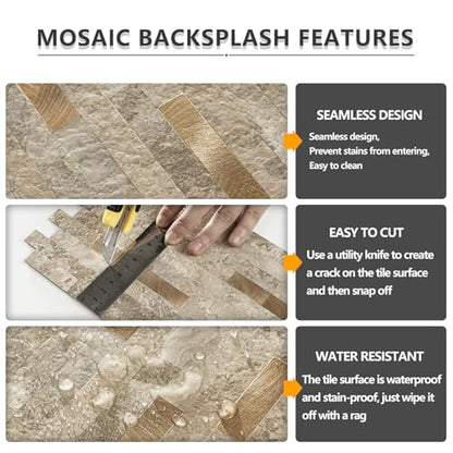 STICKGOO 20 Sheets Peel and Stick Backsplash Tile, Stick on Backsplash for Kitchen and Bathroom, Stone Beige Marble Look PVC Mixed Metal Gold Self Adhesive Wall Tiles - color: Stone Beige + Metal Gold