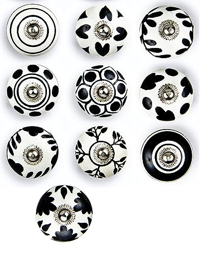 Set of 10 Ceramic Cabinet Colorful Knobs for Kitchen, Cabinet, Drawer, Wardrobe (Black & White) - color: Black & White