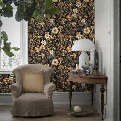 Froluya Mushroom Wallpaper Peel and Stick Dark Contact Paper 16.9” x 118.1” - color: Dark, size: 16.9" x 118.1"
