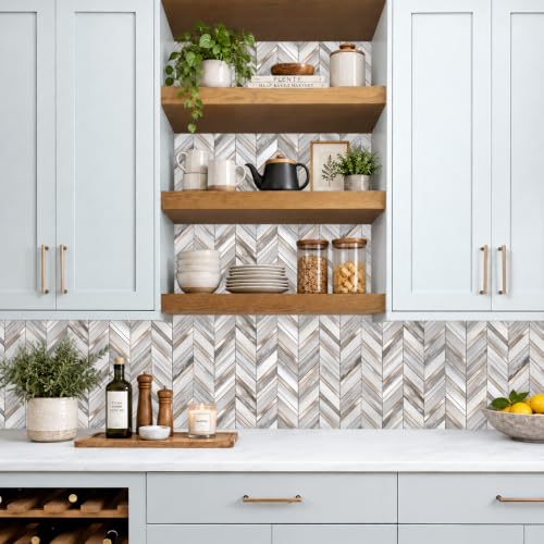 Yipscazo 10-Sheet Wood Grain Herringbone Peel and Stick Backsplash for Kitchen Walls,Heat Resistant PVC Mixed Metal Stick on Backsplash Tiles,Waterproof Peel and Stick Tile for Bathroom&Shower - color: Wood Grain + Gold Metal