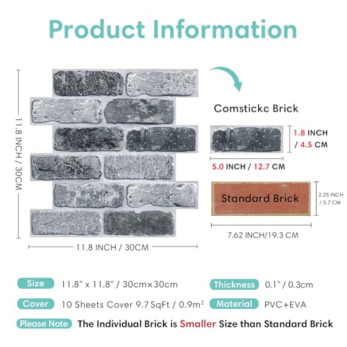 Commomy 3D Faux Brick Peel and Stick Tiles 10 pcs 11.8" x 11.8" - color: Brick-V