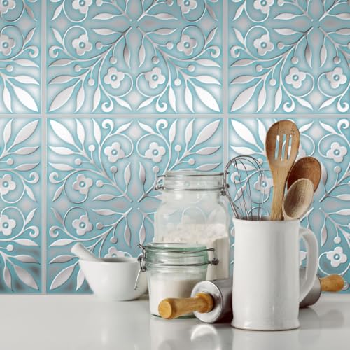 Main Street Peel and Stick Wallpaper Tiles, Teal & Silver Leaves, 24-Pack - style: Teal and Silver Leaves