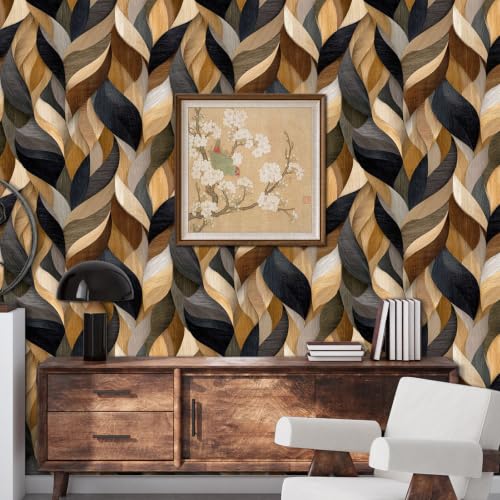 Wood Grain Modern Wavy Wallpaper Self Adhesive Peel and Stick Abstract Geometric Brown Grey Wall Paper Removable Waterproof for Bedroom Renter Friendly 17.71"x236.2" - color: QZ-HL00335-5a, size: 17.7" x 236.2"