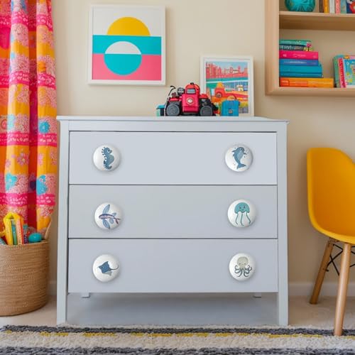Set of 6 Ceramic Kids Nursery Cute Starfish Turtle Octopus Cabinet Door Handle Dresser Drawer Pulls and Knobs - size: seahorse
