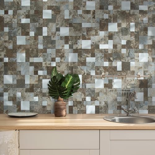 DICOFUN 12" x 12" Square Mosaic Peel and Stick Tile Backsplash, Mixed Metal Silver Stick on Wall Kitchen and Bathroom Tiles, Stick on Backsplash for Stove (10, Beige & Brown Slate) - color: Beige and Brown Slate, size: 10 Sheets, 12"x12"x0.12"