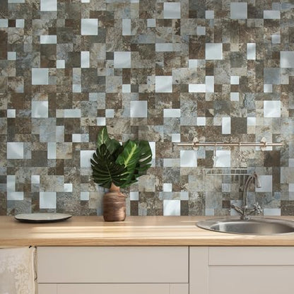DICOFUN 12" x 12" Square Mosaic Peel and Stick Tile Backsplash, Mixed Metal Silver Stick on Wall Kitchen and Bathroom Tiles, Stick on Backsplash for Stove (10, Beige & Brown Slate) - color: Beige and Brown Slate, size: 10 Sheets, 12"x12"x0.12"