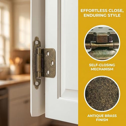 4 Pack (2 Pairs) Antique Brass Cabinet Hinges, 1/2 Inch Overlay Self-Closing Hinges for Kitchen Cupboard Cabinet Doors, Semi-Concealed Face Frame Mount Hardware - color: Antique Brass