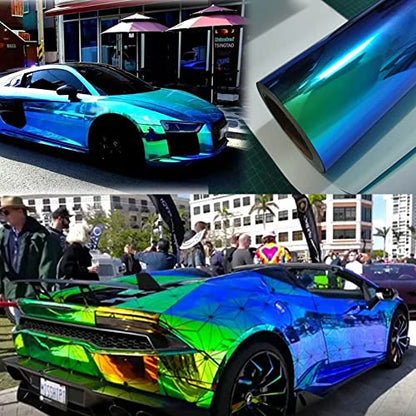 Holographic Rainbow Chrome Car Adhesive Vinyl Wrap Gloss Decal Sticker Film Sheet Air Bubble Free DIY Vinyl - color: Peacock Blue, size: 1ft x 4.5ft