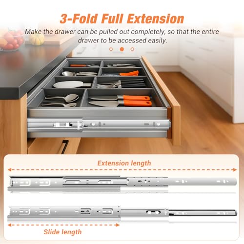 Drawer Slides Ball Bearing 3 Folds Full Extension Side Mount Cabinet Runners Glides Rails Track 100 Lbs Load 10 12 14 16 18 20 22 24 Inch Silver (Silver-Basic- 1 Pr,12 Inch) - color: Silver-Basic, size: 12 Inch