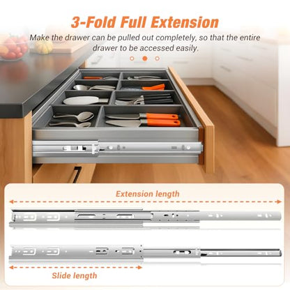 Drawer Slides Ball Bearing 3 Folds Full Extension Side Mount Cabinet Runners Glides Rails Track 100 Lbs Load 10 12 14 16 18 20 22 24 Inch Silver (Silver-Basic- 1 Pr,12 Inch) - color: Silver-Basic, size: 12 Inch