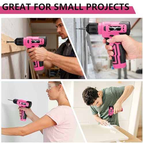 JENABOM 8V Pink Cordless Drill, 3/8" Keyless Chuck, Variable Speed - color: Pink