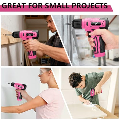 JENABOM 8V Pink Cordless Drill, 3/8" Keyless Chuck, Variable Speed - color: Pink