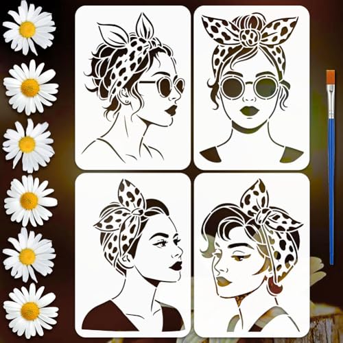 FINGERINSPIRE 4PCS Women Stencils 8.3x11.7inch with a Brush Bow Head Scarves Lady Stencils A4 Size Reusable Drawing Templates for Wall Wood Fabric Furniture Decor Art Painting - style: Women