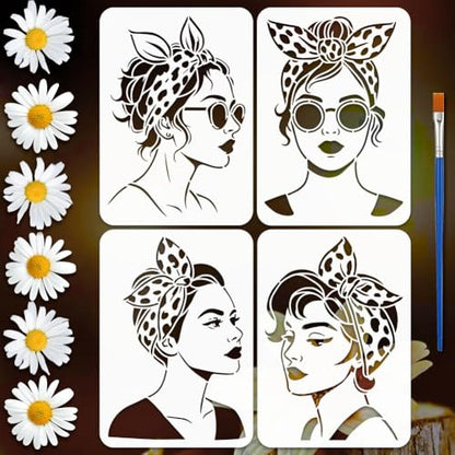 FINGERINSPIRE 4PCS Women Stencils 8.3x11.7inch with a Brush Bow Head Scarves Lady Stencils A4 Size Reusable Drawing Templates for Wall Wood Fabric Furniture Decor Art Painting - style: Women