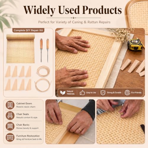 Reaeng Rattan Repair Kit for Chair Caning, Complete Furniture Restoration Kit with 15.7 x 39.4 Inch Cane Webbing Roll, Spline, 2 Caning Chisels and 8 Wooden Wedges - color: Style C