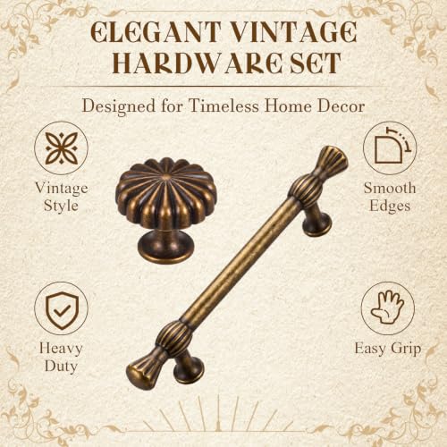 12 Pack Antique Brass Cabinet Knobs and Pull Handles, Elegant Vintage Bloom