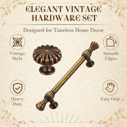 12 Pack Antique Brass Cabinet Knobs and Pull Handles, Elegant Vintage Bloom