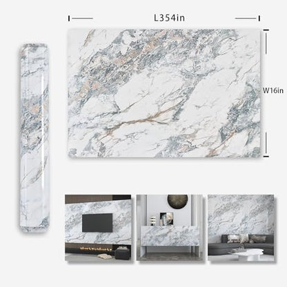 White Blue Marble Contact Paper kitchen Granite Laminate peel and stick Countertops Wallpaper16"x354"Removable Vinyl Wrap Shelf Liner Counter Top Pvc Sticker for Renter Wall bathroom bedroom Upcycling - color: Bule White Gold, size: 16" x 354"