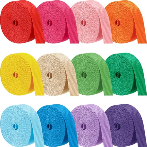 Windyun 12 Rolls Polypropylene Webbing 1 Inch Heavy Duty Webbing Strap Seatbelt Strapping for Indoor Outdoor DIY Gear Repair, Furniture, Upholstery, Seatbelt Material, 12 Colors(5 Yard Each) - size: 1 Inch,5 Yard