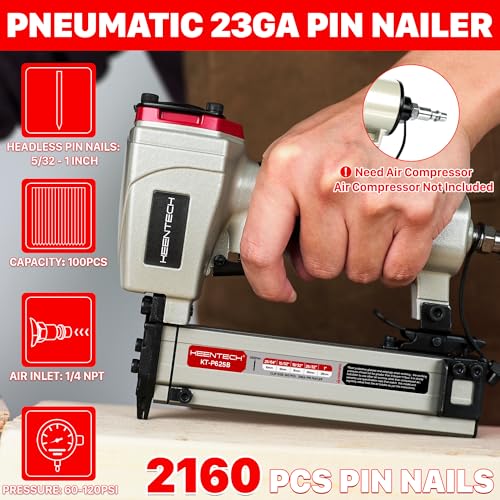 KEENTECH Pneumatic Pin Nailer 23 Gauge with 2160pcs 5/32" to 1" Pin Nails - color: Silver, size: Fit 5/32" to 1" Pin Nails