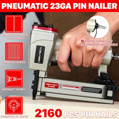 KEENTECH Pneumatic Pin Nailer 23 Gauge with 2160pcs 5/32" to 1" Pin Nails - color: Silver, size: Fit 5/32" to 1" Pin Nails